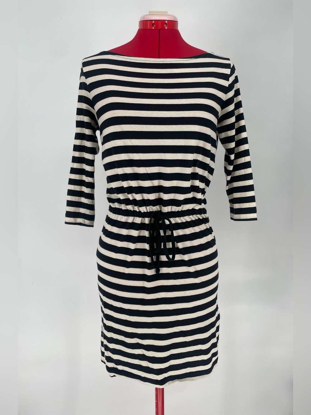 100% Cotton Black & White Long Sleeve Casual Striped Dress Drawstring Waist